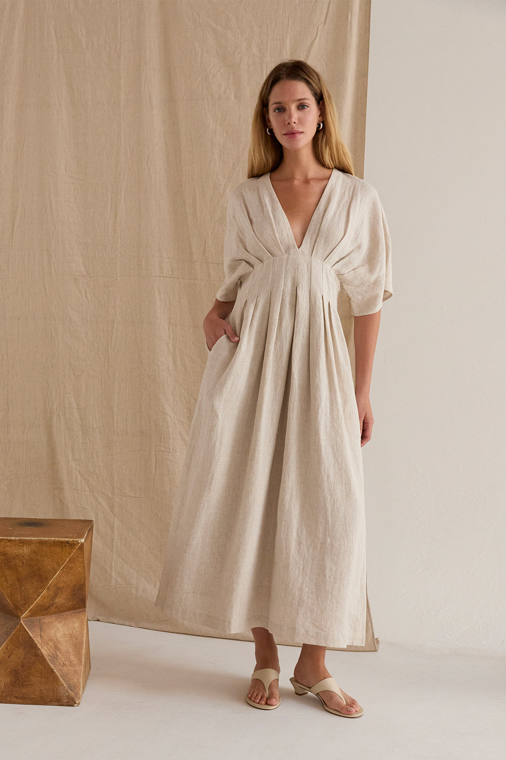 Amiee Pleated Linen Midi Dress