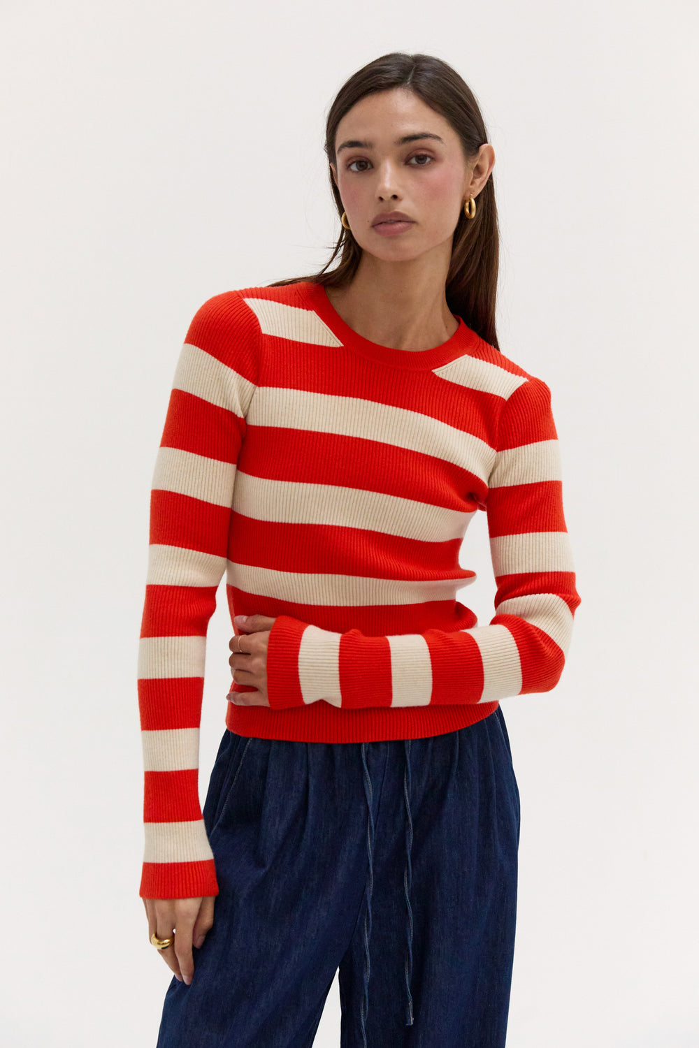 Lia Striped Long Sleeve Ribbed Knit Top