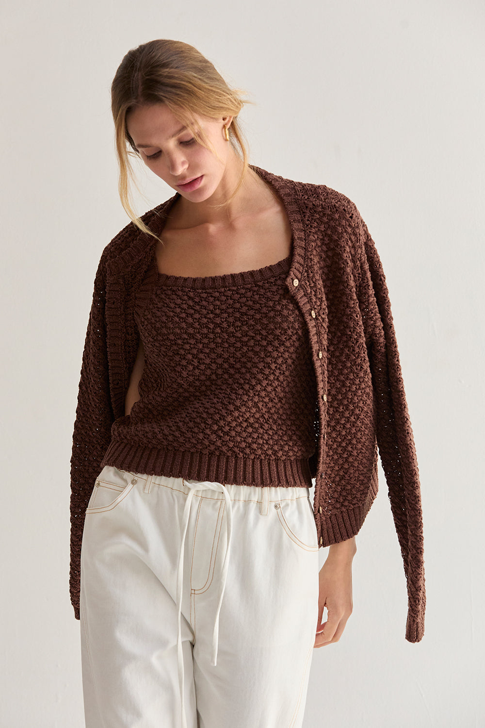 Brielle Basket Weave Knit Cardigan Tank Set