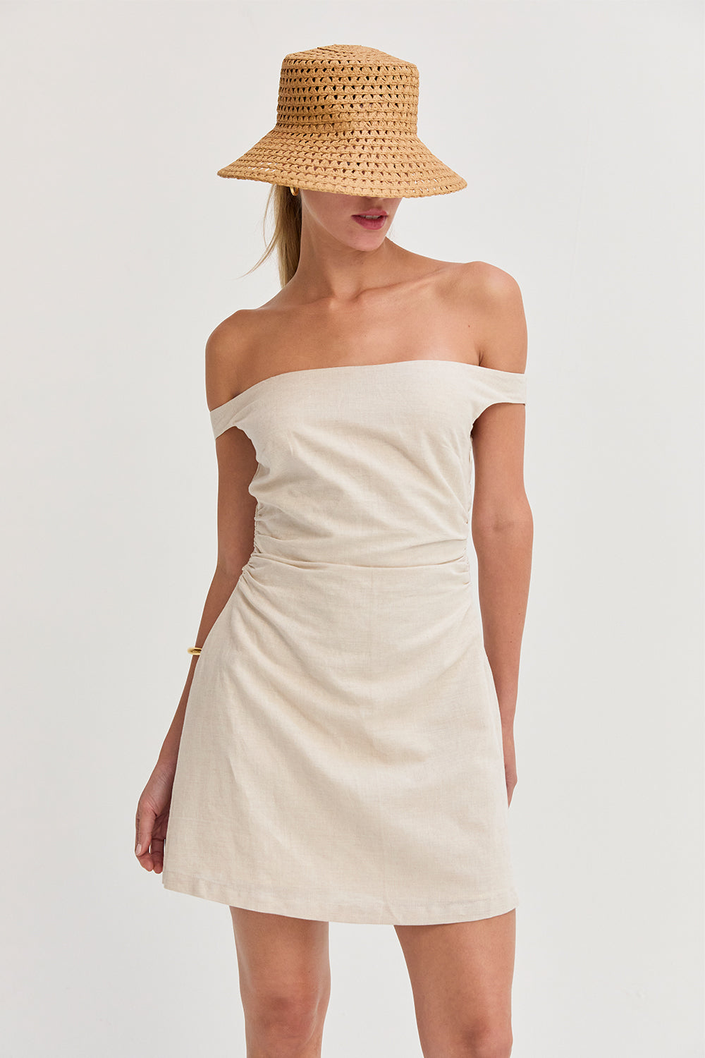 Talia Off Shoulder Side Ruched Linen Mini Dress