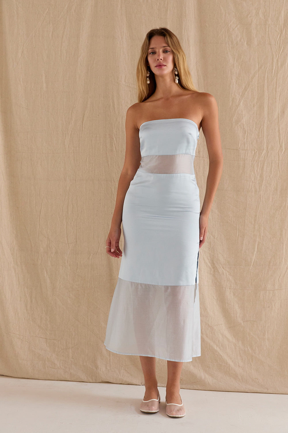Austin Satin Mixed Media Tube Midi Dress