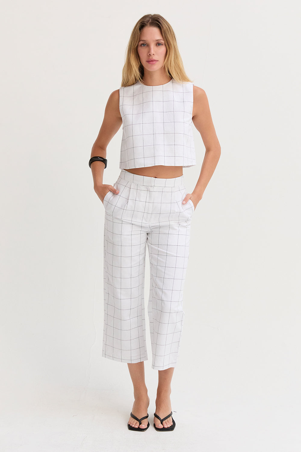 Tiana Windowpane Straight Leg Linen Culottes