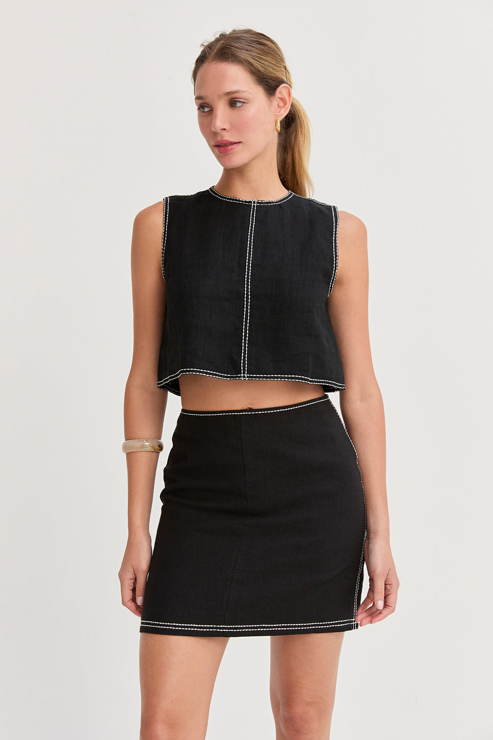 Bonez Contrast Stitch Linen Mini Skirt