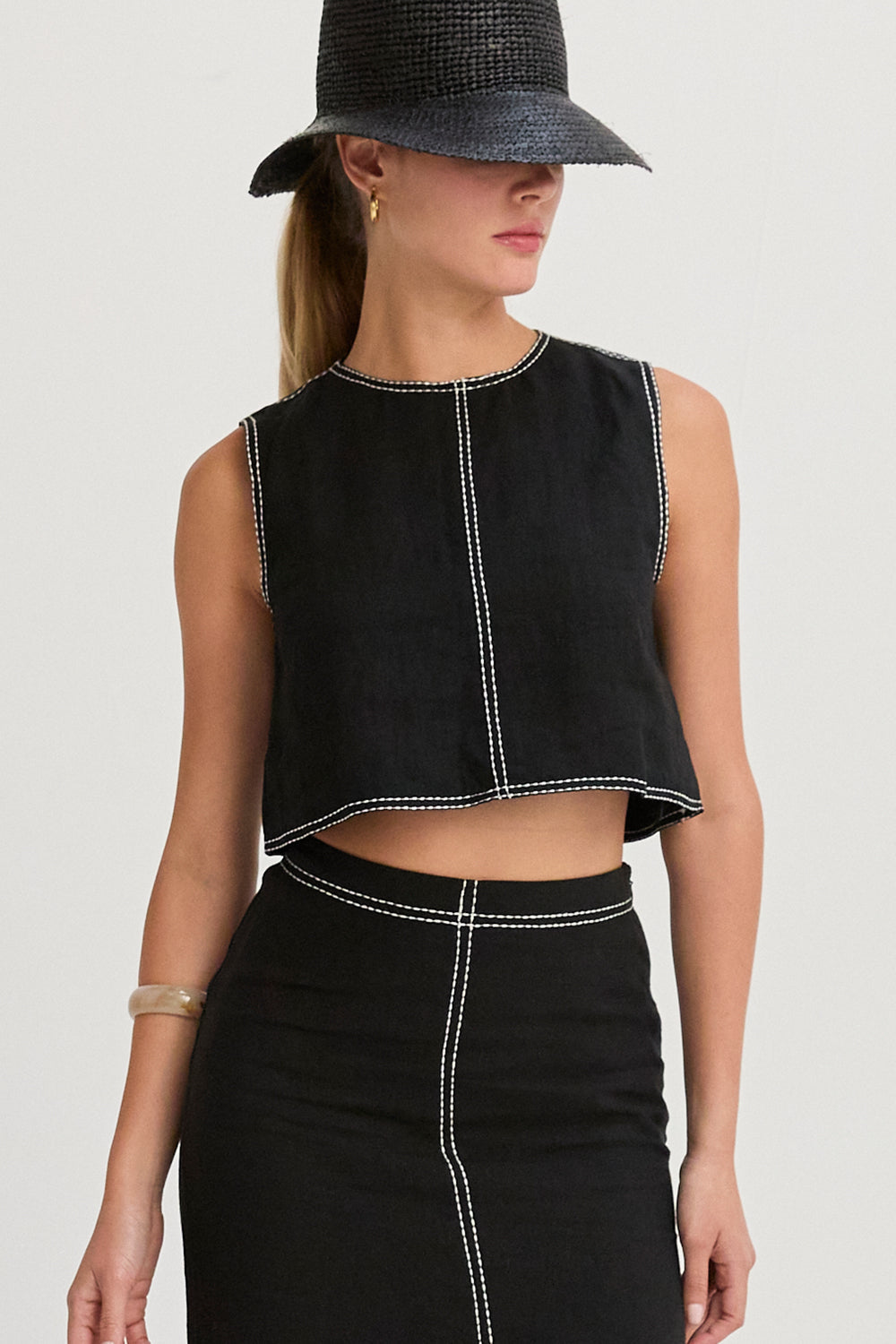 Kiara Contrast Stitch Linen Crop Top